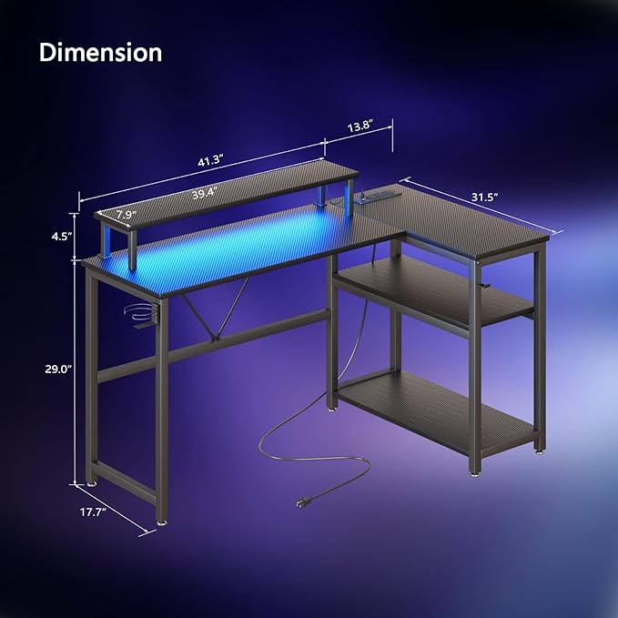 L Shaped Gaming Desk with Power Outlets & LED Strip Lights,Computer desk with Large Monitor Stand,Corner Desk with Storage Shelf,Headphone Hook&Cup Holder for Home Office - LeafyLoom