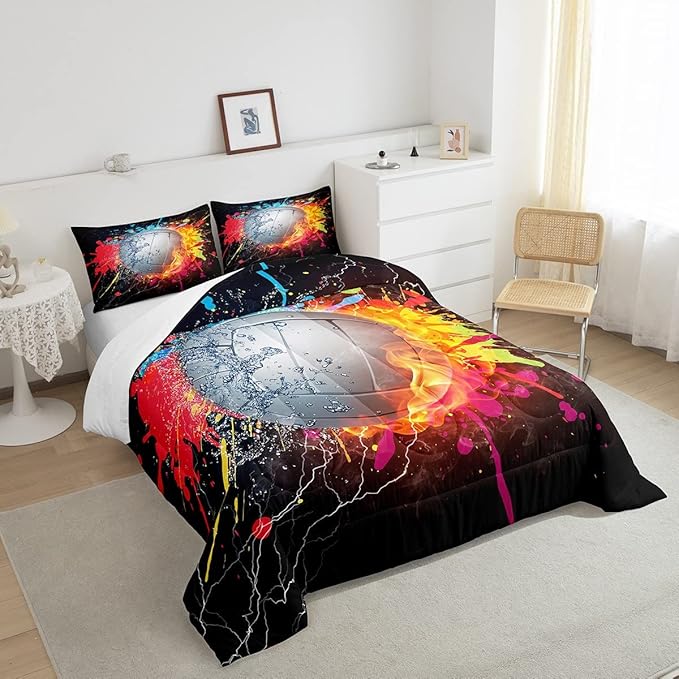 Erosebridal Kids Volleyball Comforter Set for Teen Girls Boys Volleyball Bedding Set Twin Grunge Hippie Tie Dye Bedding Comforter Red Blue Fire Water Lightning Quilt Duvet Insert 1 Pillow Case - LeafyLoom