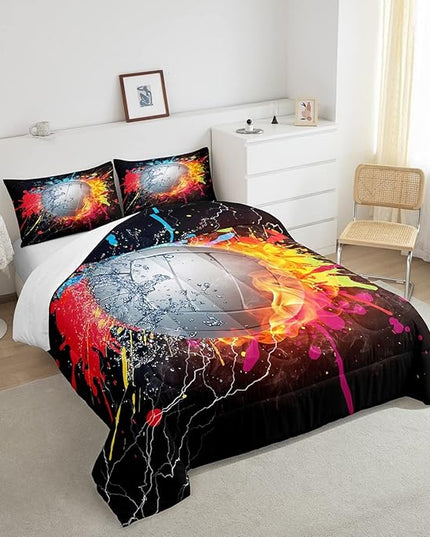 Erosebridal Kids Volleyball Comforter Set for Teen Girls Boys Volleyball Bedding Set Full Grunge Hippie Tie Dye Bedding Comforter Red Blue Fire Water Lightning Quilt Duvet Insert 2 Pillow Cases - LeafyLoom