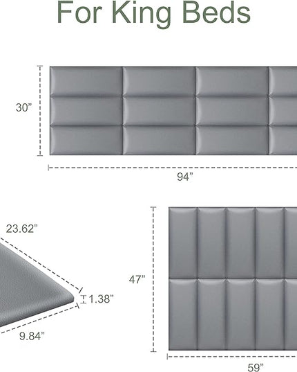 Tbfit Upholstered Wall Mounted Headboard for King Size Bed, Soundproof Peel and Stick Headboards, Tufted Floating Dorm Bed Headboard, Pack of 12 Panels Sized 10” x 24”, Leather Grey - LeafyLoom