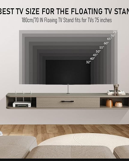 Pmnianhua Floating TV Stand,70'' Wall Mounted Floating TV Shelf for TVs up to 75 inches, Floating TV Wall Unit with Shelves for Gaming Consoles Small Spaces Apartments,Bedrooms (Light Grey Oak) - LeafyLoom