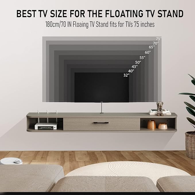 Pmnianhua Floating TV Stand,70'' Wall Mounted Floating TV Shelf for TVs up to 75 inches, Floating TV Wall Unit with Shelves for Gaming Consoles Small Spaces Apartments,Bedrooms (Light Grey Oak) - LeafyLoom