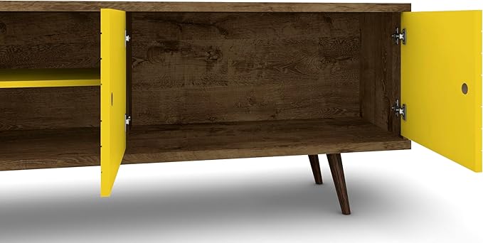 Manhattan Comfort Liberty Mid Century Modern TV Stand for Televisions up to 60 Inches, Bedroom and Living Room Entertainment Center with Storage, Shelves, and Cabinet, 63" Wide, Rustic Brown/Yellow - LeafyLoom
