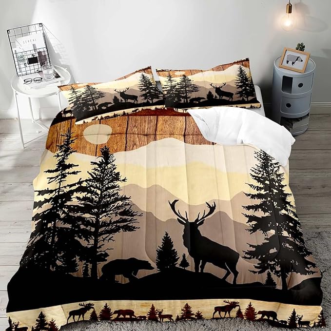 LUVIVIHOME 3PCS Black Bear Deer Comforter Set, Brown Full Size Comforter, Pine Tree Woodland Forest Animal Elk Moose Wildlife Hunting Cabin Lodge Country Rustic Farmhouse Bedding Quilt, 2 Pillow Shams - LeafyLoom