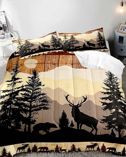 LUVIVIHOME 3PCS Black Bear Deer Comforter Set, Brown Comforter Set Queen, Pine Tree Woodland Forest Animal Elk Moose Wildlife Hunting Cabin Lodge Country Rustic Farmhouse Bedding Quilt, 2 Pillow Shams - LeafyLoom