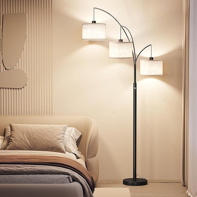 SUNMORY 3 Lights Floor Lamp for Living Room, 78" Tall Standing Lamp with Hanging Drum Shade, Modern Arc Floor Lamps with Heavy Base, Mid Century Arched Tree Floor Lamp for Bedroom, Office, Corner - LeafyLoom