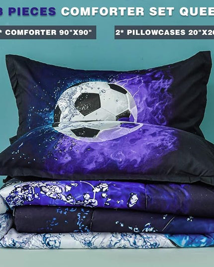 Andency 3D Soccer Comforter Queen(90x90 Inch), 3 Pieces(1 Soccer Comforter, 2 Pillowcases) Blue Flame Soccer Comforter Sport Microfiber Bedding Set for Boy Girl Kids Teens - LeafyLoom