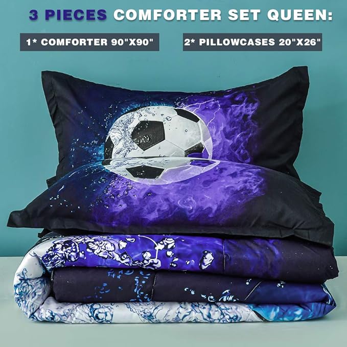 Andency 3D Soccer Comforter Queen(90x90 Inch), 3 Pieces(1 Soccer Comforter, 2 Pillowcases) Blue Flame Soccer Comforter Sport Microfiber Bedding Set for Boy Girl Kids Teens - LeafyLoom