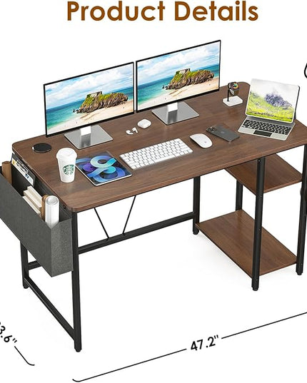 Computer Desk, 47.2” Home Office Desks, Modern Small Desk for Bedroom, Gaming Desk with Iron Hook and Height Adjustable Feet, Sturdy Student Writing Desk with Storage Bag, Storage Shelves - LeafyLoom