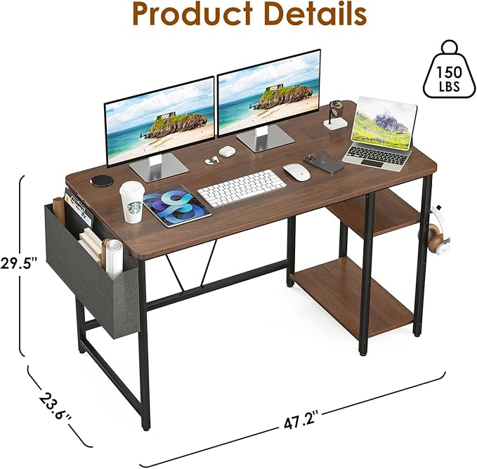 Computer Desk, 47.2” Home Office Desks, Modern Small Desk for Bedroom, Gaming Desk with Iron Hook and Height Adjustable Feet, Sturdy Student Writing Desk with Storage Bag, Storage Shelves - LeafyLoom