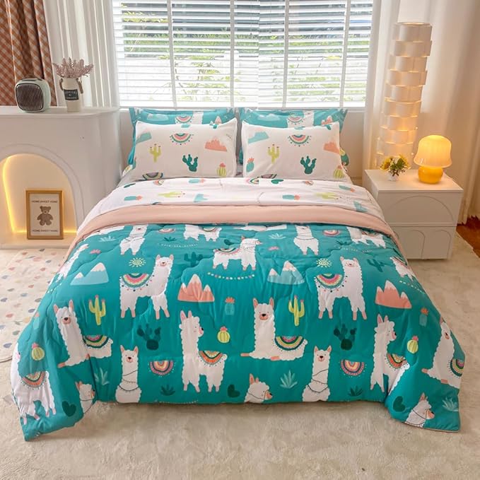 Wajade Kids Llama Comforter Set Bed in A Bag Queen Size 7 Piece Cute Alpaca Tropical Plant Cactus Bedding Set for Girls Boys (1 Comforter, 1 Flat Sheet, 1 Fitted Sheet, 2 Pillowcase and 2 Pillow Sham) - LeafyLoom