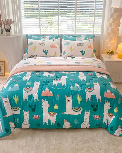 Wajade Kids Llama Comforter Set Bed in A Bag Twin Size 7 Piece Cute Alpaca Tropical Plant Cactus Bedding Set for Girls Boys (1 Comforter, 1 Flat Sheet, 1 Fitted Sheet, 2 Pillowcase and 2 Pillow Sham) - LeafyLoom