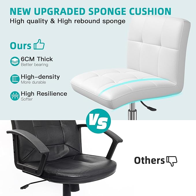 360° Office Desk Chair,PU Adjustable Rolling Task Chair with Backrest for Barber,Office,Home, Computer,360° Swivel,Armless (white) - LeafyLoom