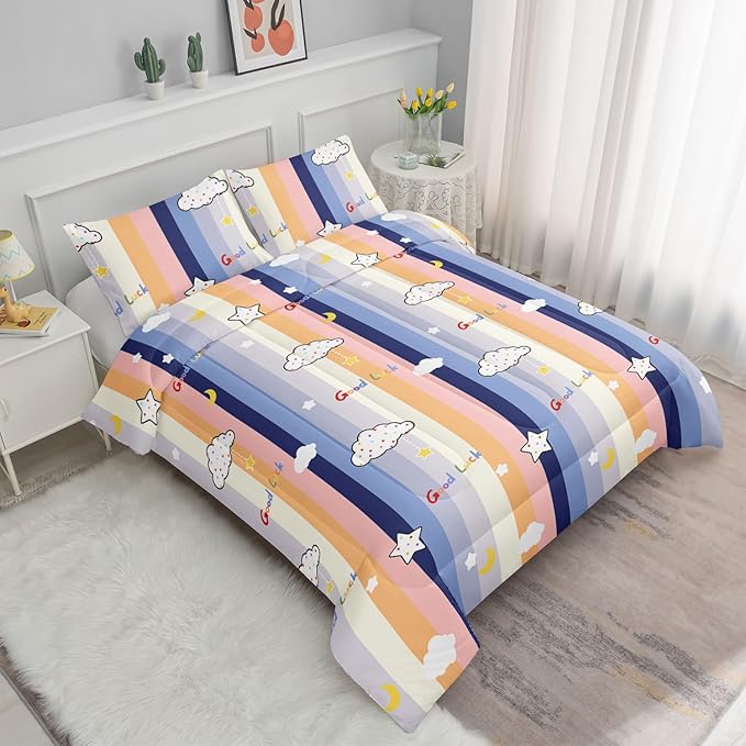 Datura home Cloud Stylish Comforter Bedding Set for Kids Children,Boys and Girls coulorful Stripe with Dot Cute Sky Bedding Set with 1 Comforter and 2 Pillowcases(Cloud Twin) - LeafyLoom