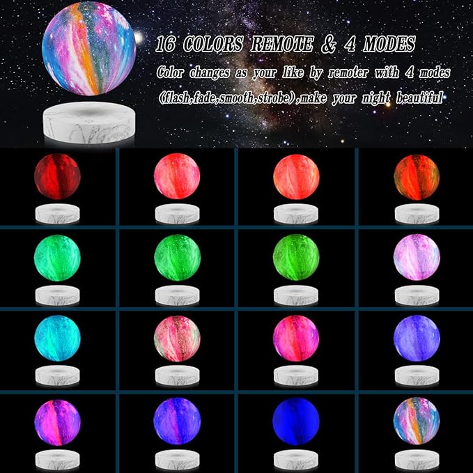 VGAzer Levitating Moon Lamp,Floating and Spinning in Air Freely with 3D Printing LED Moon Light Has 16 Colors 20 Modes for Unique Christmas Gifts,Room Decor (Marble Base 16 Colors Galaxy Moon) - LeafyLoom