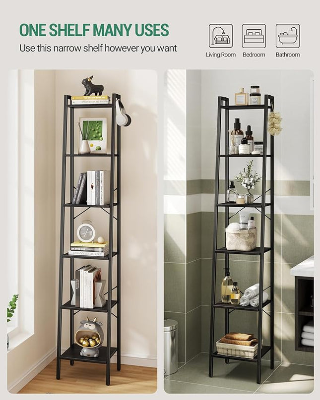 Ladder Shelf, Bookshelf Bookcase, Freestanding Corner Storage Shelve with 2 Hooks for Home Office, Living Room, Kitchen, Bedroom, Industrial, 6-Tier Black BC13304B - LeafyLoom