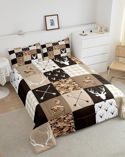 Kids Deer Antler Animal Comforter Set King Size,Brown Camo Xmas Bedding Set,Girls Boys Adults Bedroom/Cabin Decor,Plaid Patchwork Vintage Down Comforter,Boho Arrows Duvet Insert,3pcs,2 Pillowcases - LeafyLoom