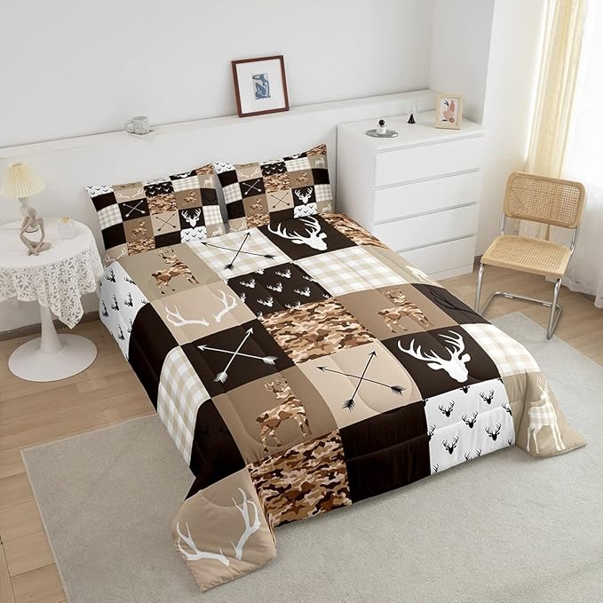 Kids Deer Antler Animal Comforter Set King Size,Brown Camo Xmas Bedding Set,Girls Boys Adults Bedroom/Cabin Decor,Plaid Patchwork Vintage Down Comforter,Boho Arrows Duvet Insert,3pcs,2 Pillowcases - LeafyLoom