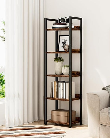 NUMENN Narrow Bookshelf, 5 Tier Bookshelves, Home Office Bookcase Shelf Storage Organizer, Free Standing Storage Shelving Unit for Bedroom, Living Room and Home Office, Vintage - LeafyLoom