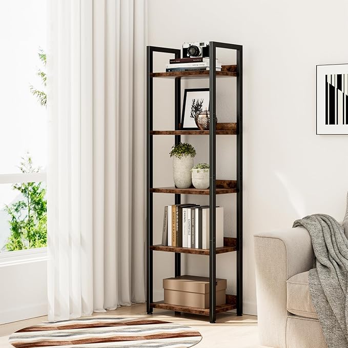 NUMENN Narrow Bookshelf, 5 Tier Bookshelves, Home Office Bookcase Shelf Storage Organizer, Free Standing Storage Shelving Unit for Bedroom, Living Room and Home Office, Vintage - LeafyLoom