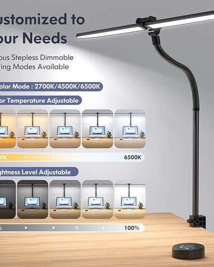 LED Desk Lamp for Home Office, Dual Head Architect Lamp with Clamp, Desk Light for Dual Computer Monitor, 24W 2000LM Dimmable, 2700K/4500K/6500K Adjustable, Gooseneck Desk Lighting for Workbench Study - LeafyLoom