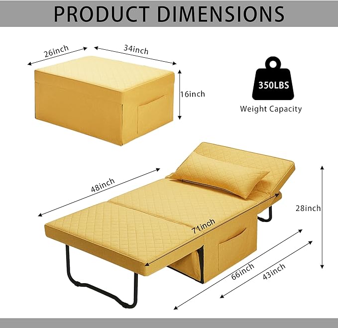 Sofa Bed, 4 in 1 Multi-Function Folding Ottoman Breathable Linen Couch Bed with Adjustable Backrest Modern Convertible Chair for Living Room Apartment Office,Squared-Linen Yellow - LeafyLoom