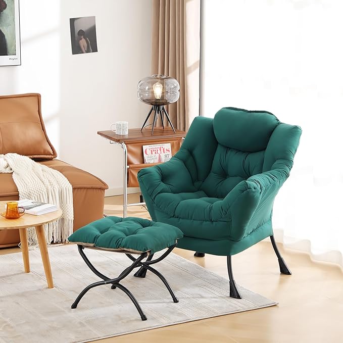 Cozy Lazy Chair and Ottoman, Large Contemporary Accent Lounge Chair Set, Leisure Upholstered Reading Armchair for Bedroom, Living Room, Dorm Rooms, Office - LeafyLoom