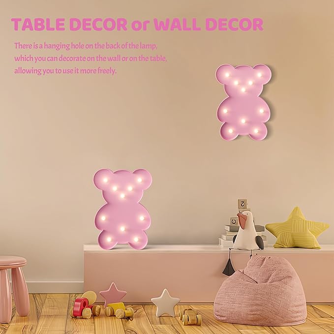 Pink Bear Decor, Battery Powered Bear Night Light for Kids, Pink Party Decorations, Baby Night Light for Bedroom, Toddler Night Lights, Pink kids room decor for Bedroom - LeafyLoom