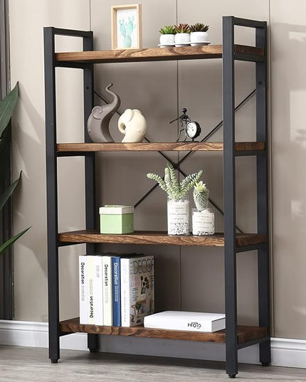 Solid Wood Bookshelf,4 Tier Rustic Vintage Industrial Etagere Bookcase, Open Metal and Wood Vintage Book Shelf, Retro Brown (Real Wood)(4-Tier) - LeafyLoom