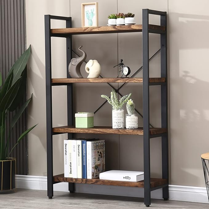 Solid Wood Bookshelf,4 Tier Rustic Vintage Industrial Etagere Bookcase, Open Metal and Wood Vintage Book Shelf, Retro Brown (Real Wood)(4-Tier) - LeafyLoom