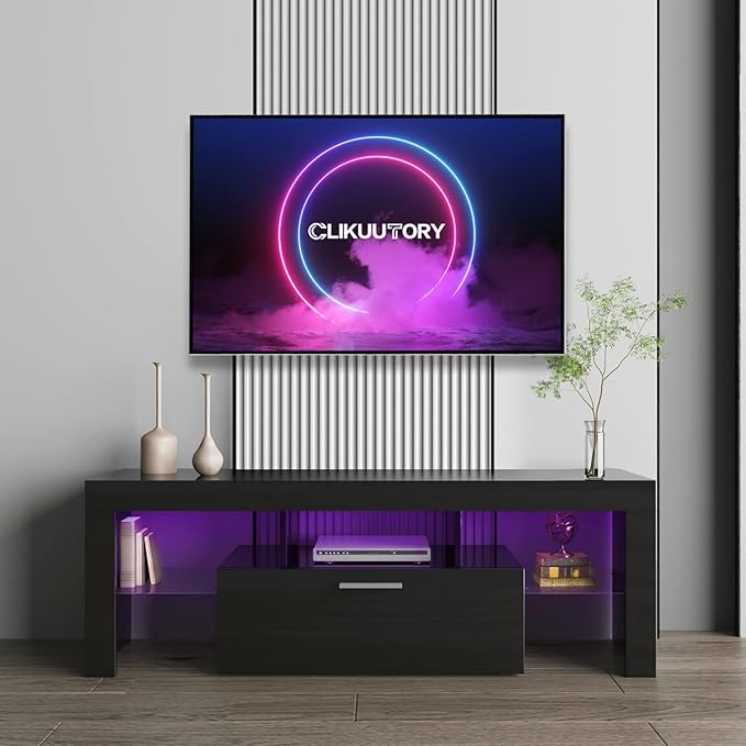 Clikuutory Black LED TV Stand with Large Storage Drawer for 32 40 50 55 Inch TVs, Modern High gloss TV Console Table with Entertainment Center for Living Room, Bedroom, Black - LeafyLoom