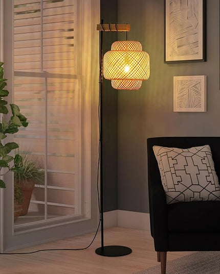 Rattan Floor Lamps-Bamboo 62inch Tall Standing Lighting Wicker Lantern Hanging Lamp E26 Fixture with Wooden Holder Industrial Metal Black Floor Lights for Living Room,Dinner Room - LeafyLoom