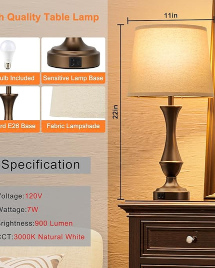 Touch Lamps for Bedrooms Set of 2 - Nightstand Table Lamp with USB C+A, 3 Way Dimmable Bedside Lamps for Living Room End Tables Set of 2, Farmhouse Night Stand Lamps for Bed Side Guest Room(Brown) - LeafyLoom