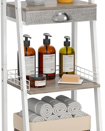 keomaisyto 3-Tier Bathroom Ladder Shelf, Floor Storage Shelf with Drawer, Freestanding Open Tower Shelving Unit for Bathroom Living Room Balcony（White） - LeafyLoom