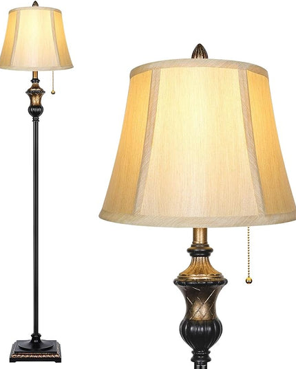 TOBUSA Traditional Floor Lamp, Classic Standing Lamp with Bronze Fabric Shade, Vintage Elegant Tall Pole Lamp for Living Room Bedroom Office Reading, Rustic Upright Floor Lights , Pull Chain Switch - LeafyLoom