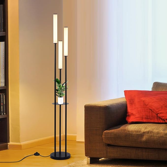Ganeed LED Floor Lamp with Shelves,30W Modern Black Tall Lamps with 3 Acrylic Lampshade,3000K Warm Light Standing Lamps with Foot Switch and Remote Control (66.5 inch) - LeafyLoom