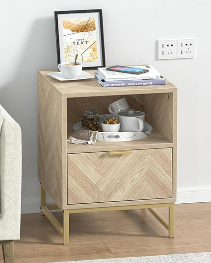Anmytek Night Stand, Small Side Table, Sturdy Wood Nightstand with Storage Drawer and Shelf, Modern End Table Bedside Table with Polished Gold Handles for Bedroom, Dorm, Small Spaces H0054 - LeafyLoom