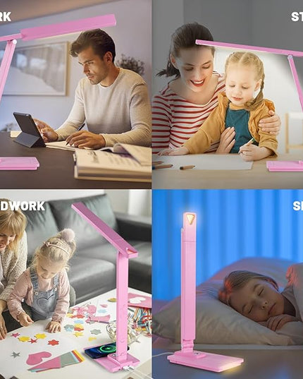 LED Desk Lamp Wireless Charger: Pink Office Table Lamps with USB Port, Reading Lamp for Home with Clock Alarm Temperature | Desk Light with Night Light, Eye-caring Smart Lamp for Dorm College - LeafyLoom