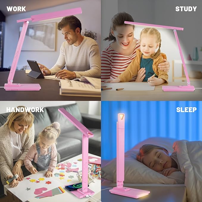 LED Desk Lamp Wireless Charger: Pink Office Table Lamps with USB Port, Reading Lamp for Home with Clock Alarm Temperature | Desk Light with Night Light, Eye-caring Smart Lamp for Dorm College - LeafyLoom