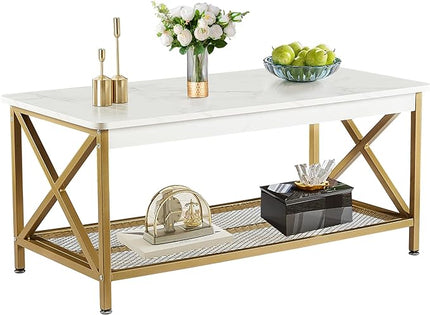 VECELO Coffee Table with Storage Shelf for Living Room,Industrial Style,Easy Assembly, Gold - LeafyLoom