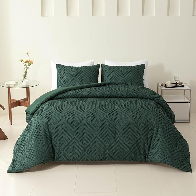 Queen Comforter Set Dark Green, Boho Forest Green Christmas Comforter Set 3 Pieces, All Season Tufted Queen Size Bed Comforter Set (90x90In Comforter & 2 Pillowcases) - LeafyLoom