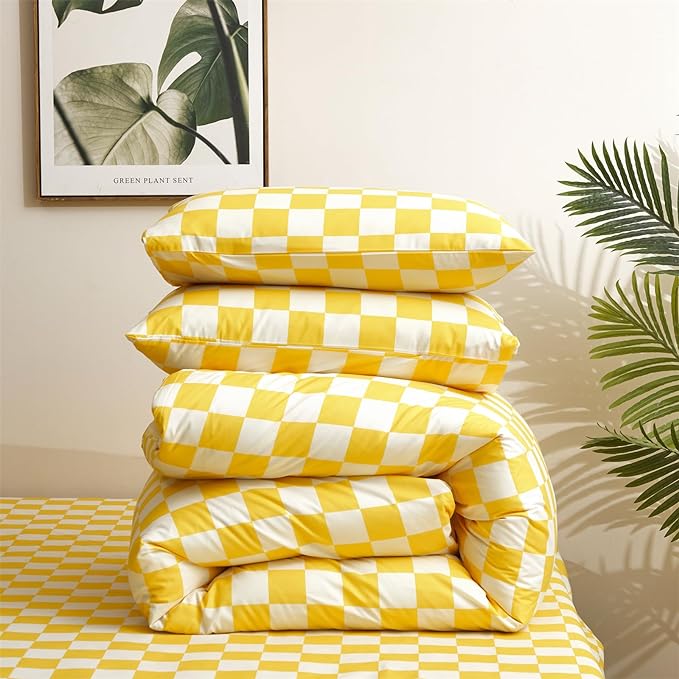 Yellow White Grid Comforter Set Queen Yellow Plaid Bedding Set Women Yellow and White Checkered Bed Comforter Set Breathable Blanket Set Men Durable Bedding Comforter Set - LeafyLoom