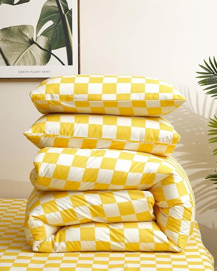 Yellow White Grid Comforter Set Cal King Yellow Plaid Bedding Set Women Yellow and White Checkered Bed Comforter Set Breathable Blanket Set Men Durable Bedding Comforter Set - LeafyLoom