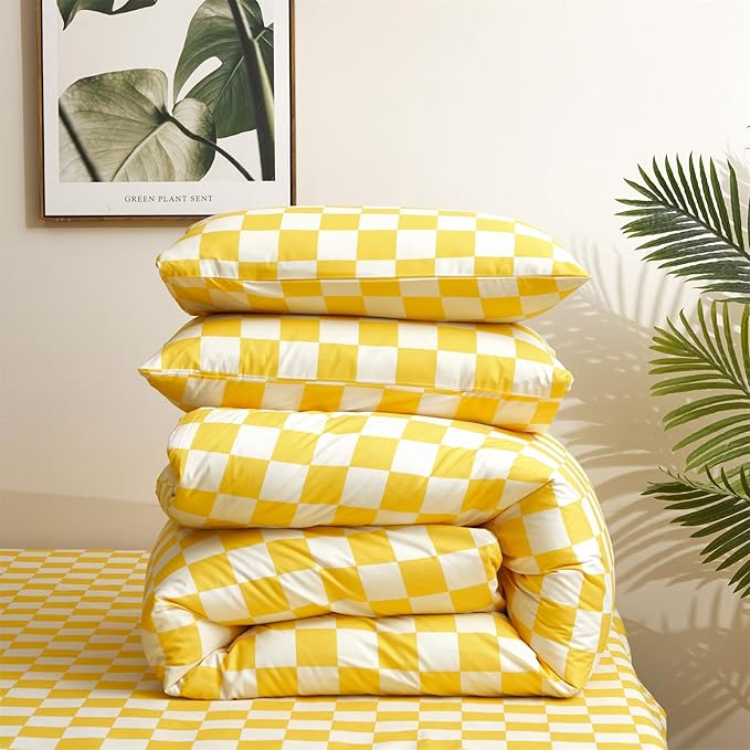 Yellow White Grid Comforter Set Cal King Yellow Plaid Bedding Set Women Yellow and White Checkered Bed Comforter Set Breathable Blanket Set Men Durable Bedding Comforter Set - LeafyLoom