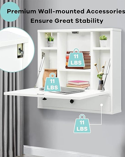 2 in 1 Foldable Tabletop, Folding Wall Mount Laptop Storage Compartments Space Saving Floating Desk, Small, White - LeafyLoom