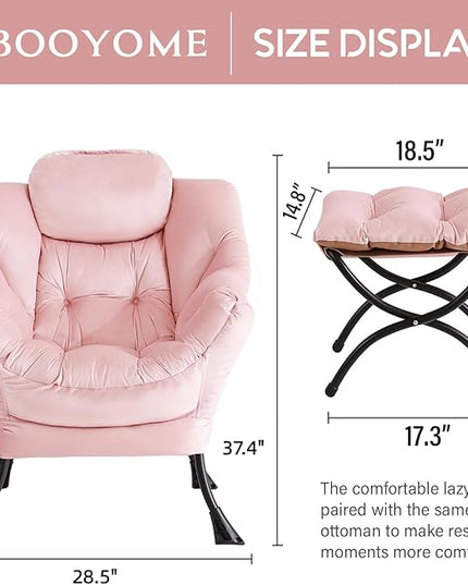 Lazy Chair with Ottoman, Modern Accent Chair Contemporary Lounge Leisure Upholstered Sofa Chair Set with Armrests, Reading Chair for Living Room, Bedroom, Office, Light Pink - LeafyLoom