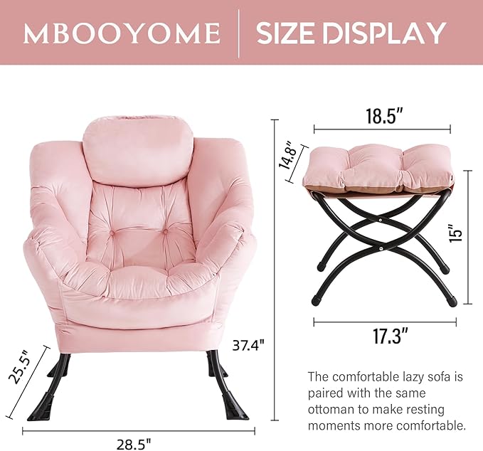 Lazy Chair with Ottoman, Modern Accent Chair Contemporary Lounge Leisure Upholstered Sofa Chair Set with Armrests, Reading Chair for Living Room, Bedroom, Office, Light Pink - LeafyLoom