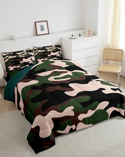 Twin Size Camouflage Comforter Set 3Pcs Kids Bedding Set for Boys Girls Teens 1 Comforter & 2 Pillowcases(Twin,Army Green) Boys - LeafyLoom