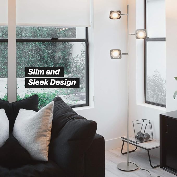 Brightech Tree Floor Lamp for Living Rooms & Offices, Dimmable Standing Lamp for Bedroom Reading, LED Spotlight Floor Lamp, Tall Lamp with Adjustable Panels for Minimal Space Use - Satin Nickel - LeafyLoom