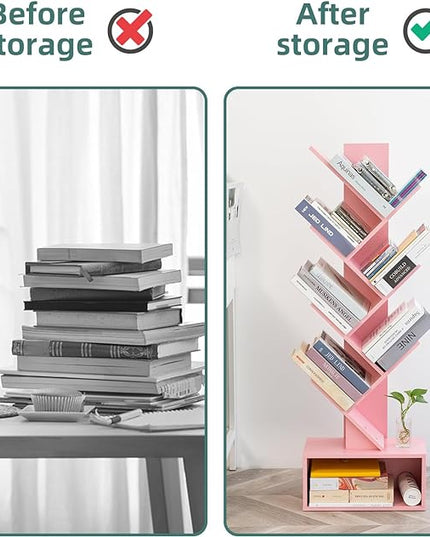 Yoobure Tree Bookshelf - 6 Shelf Retro Floor Standing Bookcase, Tall Wood Book Storage Rack for CDs/Movies/Books, Utility Book Organizer Shelves for Bedroom, Living Room, Home Office Pink - LeafyLoom